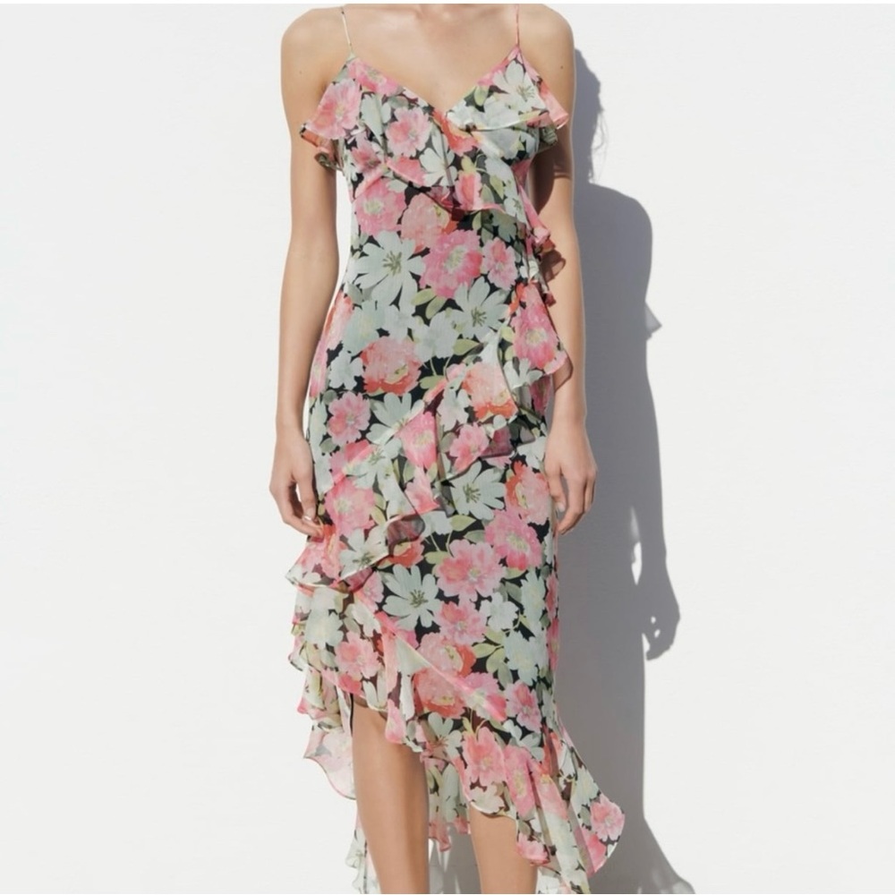 Zara Floral Chiffon Ruffle Long Tiered Dress Pink Green